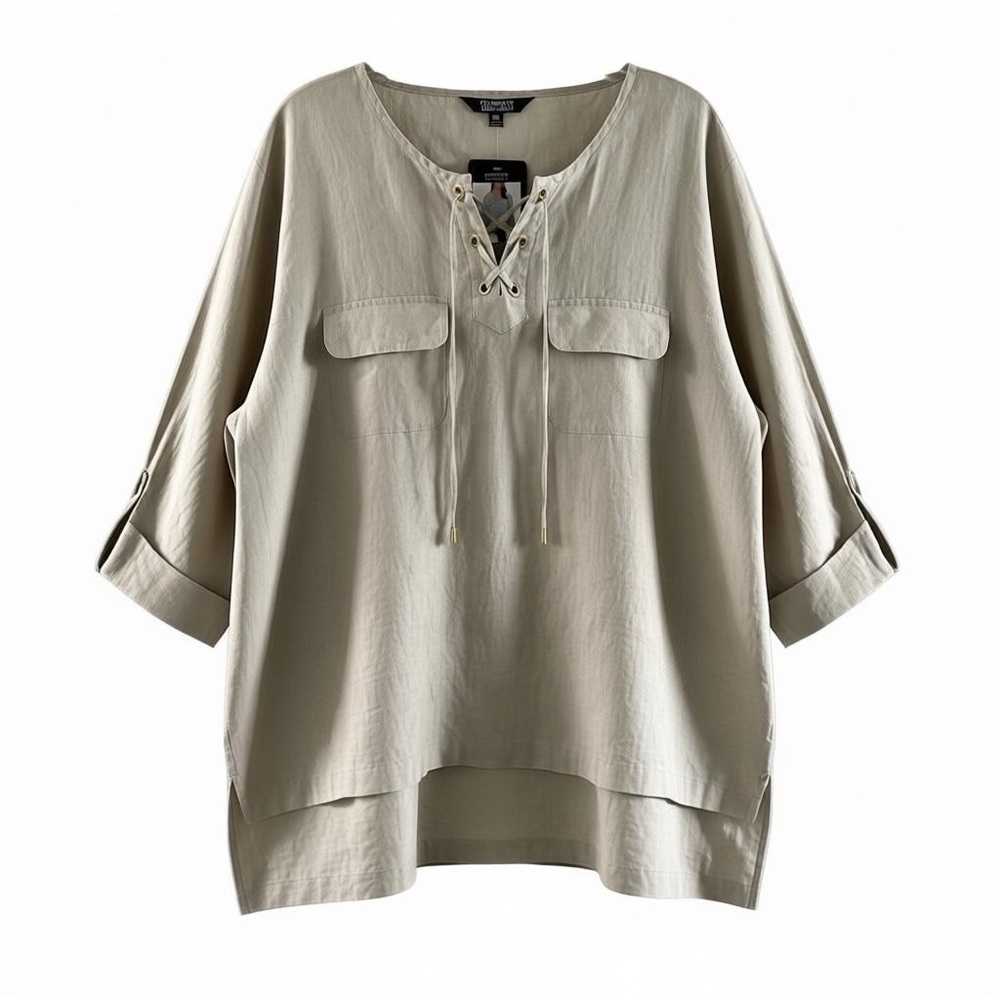 Ellen Tracy Lace-Up Linen Tunic Top XXL Sandstone